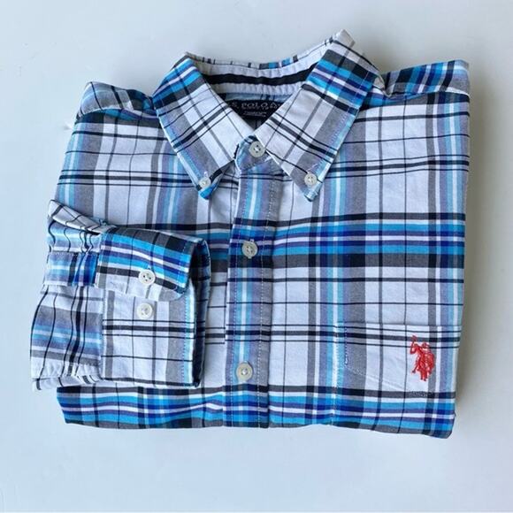 US Polo Assn Shirt Men Size L Blue Gray Tartan Plaid Button Down Long Sleeve - Picture 11 of 11